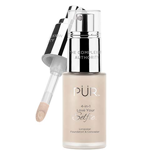 PÜR MINERALS 4-in-1 Love Your Selfie Longwear Foundation & Concealer, Full Coverage Liquid Foundation, Hydrating Formula, Cruelty Free