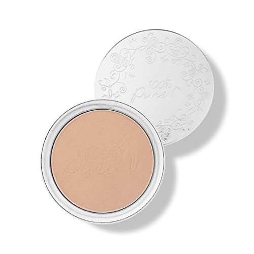 100% PURE Powder Foundation Matte Finish Face Makeup - Oil Absorbing Pressed Poreless Concealer - Vegan Fruit Pigmented Golden Peach Color (Medium-Tan Shade w/Neutral Undertones)