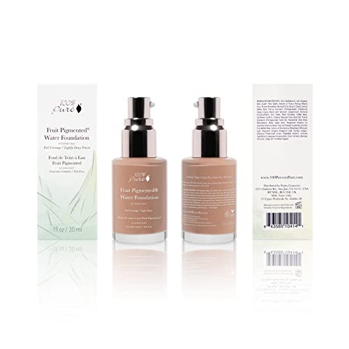 100% PURE Water Foundation Full Coverage Hydrating Makeup, Light Dewy Finish, Moisturizing Concealer Normal to Dry Skin - Fruit Pigment Color Neutral 3.0 w/Pink Undertones for Medium Skin