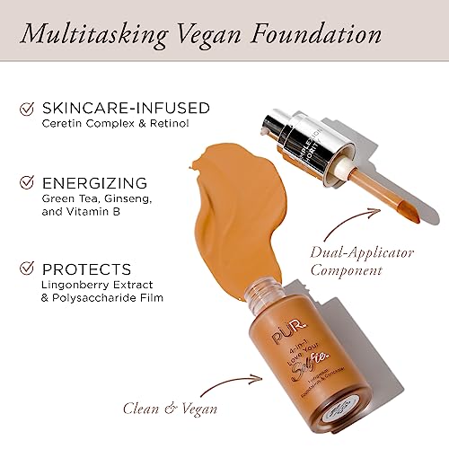 PÜR MINERALS 4-in-1 Love Your Selfie Longwear Foundation & Concealer, Full Coverage Liquid Foundation, Hydrating Formula, Cruelty Free
