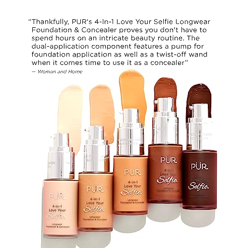 PÜR MINERALS 4-in-1 Love Your Selfie Longwear Foundation & Concealer, Full Coverage Liquid Foundation, Hydrating Formula, Cruelty Free