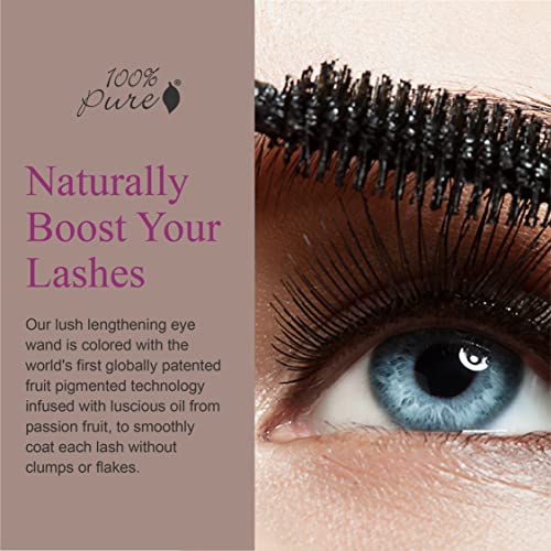100% PURE Ultra Lengthening Mascara Dramatic Intense Volume & Length Natural Fruit Pigmented Voluminous Eyelash Makeup No Clumping, Smudging or Flaking - Vegan, Black Tea Color