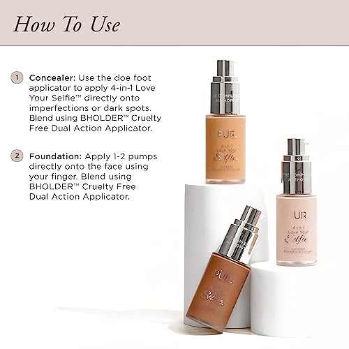 PÜR MINERALS 4-in-1 Love Your Selfie Longwear Foundation & Concealer, Full Coverage Liquid Foundation, Hydrating Formula, Cruelty Free