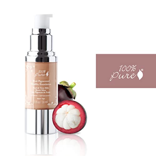 100% PURE Healthy Foundation Full Face Coverage Makeup, Liquid Matte Finish with Anti-Aging Benefits - Vegan Gorgeous Fruit Pigmented Peach Bisque Color (Medium with Olive Undertone)